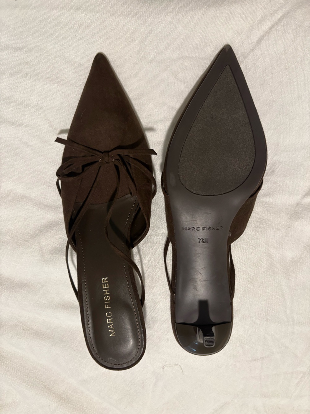 Marc Fisher Brown Suede Pointed-Toe Bow Kitten Heel Mule - Picture 3 of 3